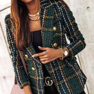 ✨NEW✨ Women's Elegant Plaid Double Button Blazer Jacket - Green/Black - L